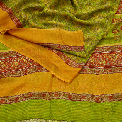 Vintage Sari Green 100% Pure Chiffon Silk Block Printed Sarees Sewing 5yd Craft Fabric Soft Dress Designing for Crafting Floral