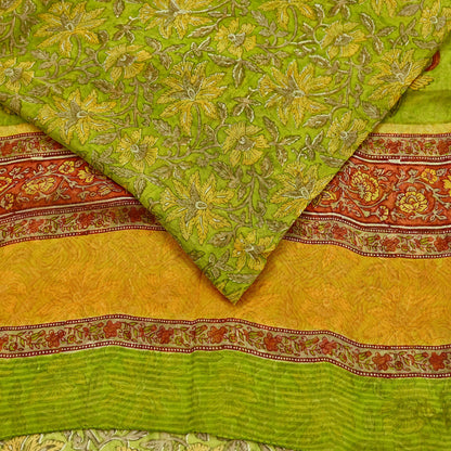 Vintage Sari Green 100% Pure Chiffon Silk Block Printed Sarees Sewing 5yd Craft Fabric Soft Dress Designing for Crafting Floral