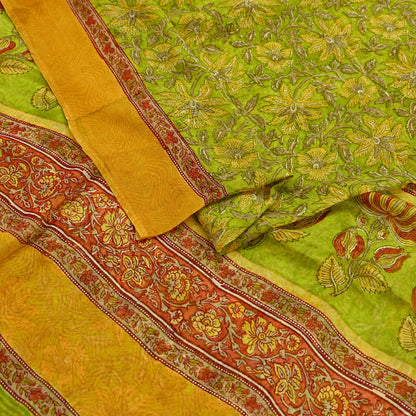 Vintage Sari Green 100% Pure Chiffon Silk Block Printed Sarees Sewing 5yd Craft Fabric Soft Dress Designing for Crafting Floral