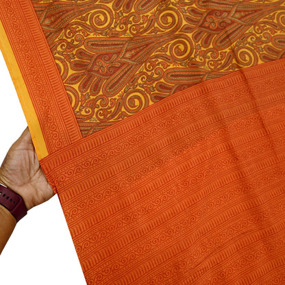 Indian Vintage Sari Orange  & Yellow 100% Pure Silk Printed Sarees 5yd Craft Fabric Sewing Soft Dress Making Quilting Crafting Upcycle