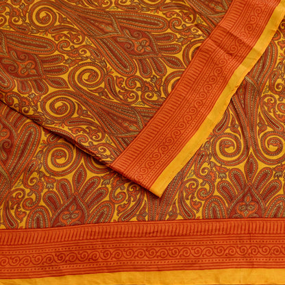 Indian Vintage Sari Orange  & Yellow 100% Pure Silk Printed Sarees 5yd Craft Fabric Sewing Soft Dress Making Quilting Crafting Upcycle