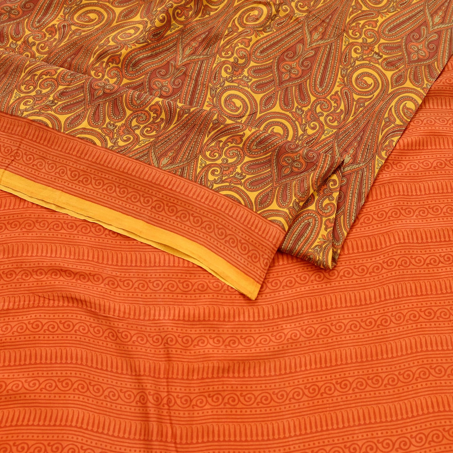 Indian Vintage Sari Orange  & Yellow 100% Pure Silk Printed Sarees 5yd Craft Fabric Sewing Soft Dress Making Quilting Crafting Upcycle