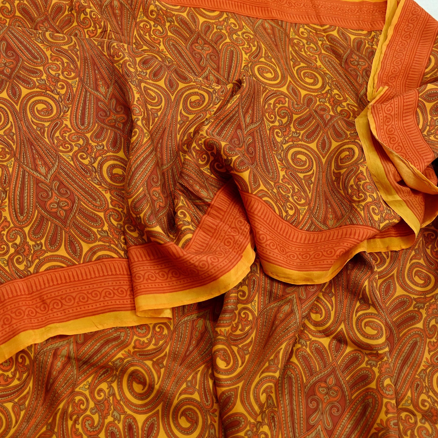 Indian Vintage Sari Orange  & Yellow 100% Pure Silk Printed Sarees 5yd Craft Fabric Sewing Soft Dress Making Quilting Crafting Upcycle
