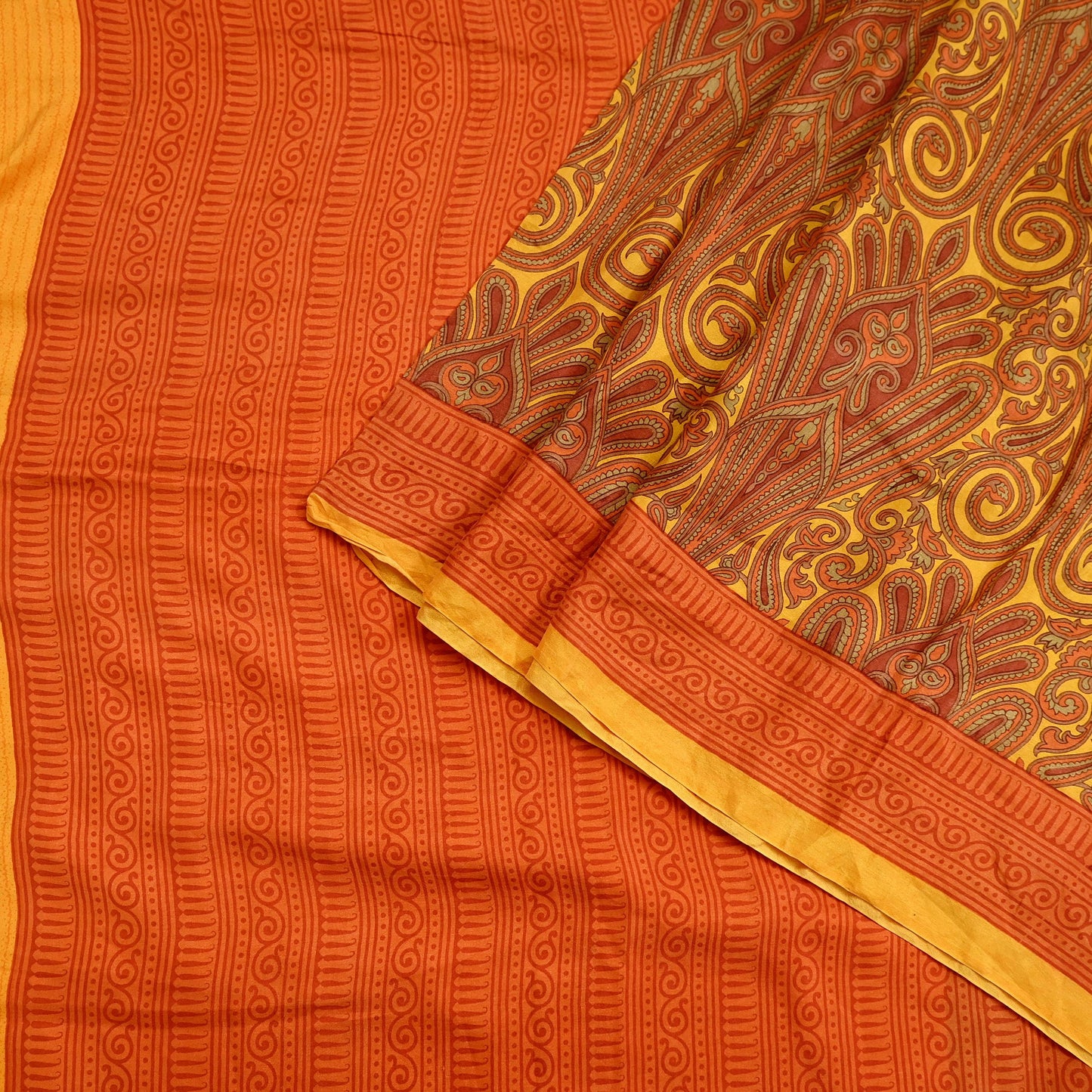 Indian Vintage Sari Orange  & Yellow 100% Pure Silk Printed Sarees 5yd Craft Fabric Sewing Soft Dress Making Quilting Crafting Upcycle