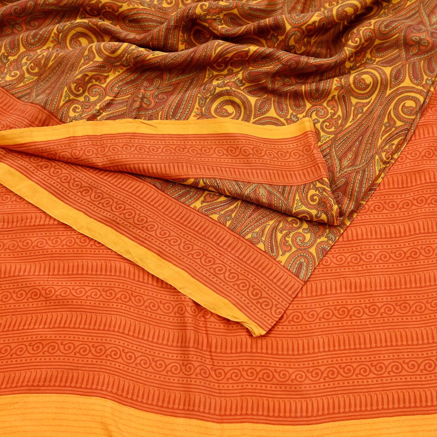 Indian Vintage Sari Orange  & Yellow 100% Pure Silk Printed Sarees 5yd Craft Fabric Sewing Soft Dress Making Quilting Crafting Upcycle