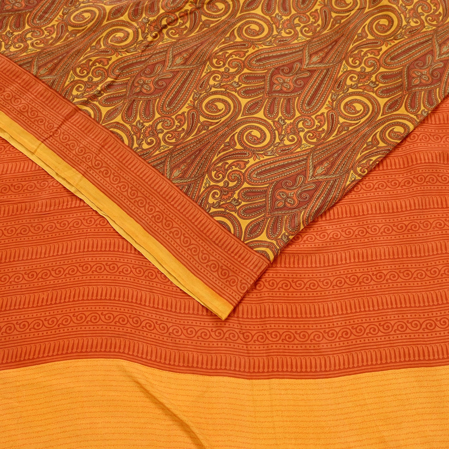 Indian Vintage Sari Orange  & Yellow 100% Pure Silk Printed Sarees 5yd Craft Fabric Sewing Soft Dress Making Quilting Crafting Upcycle