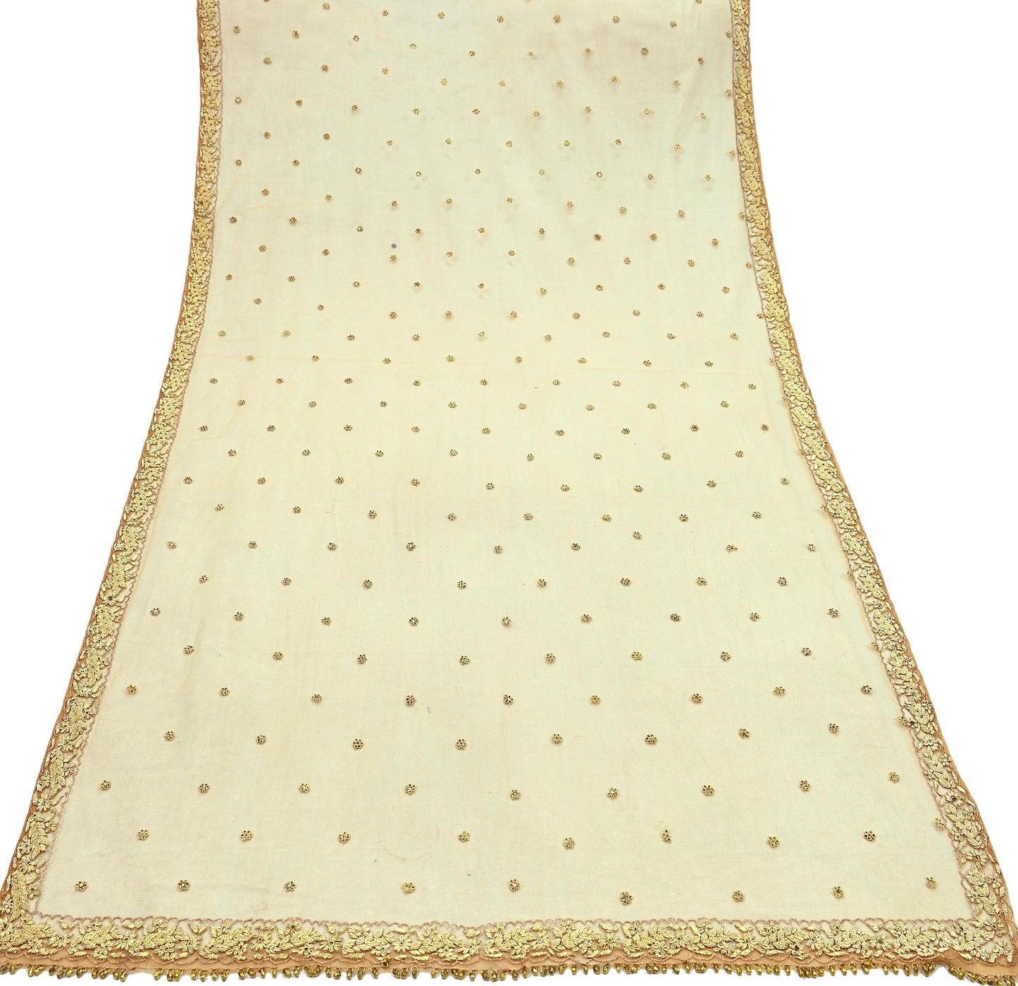 Indian Vintage Beige Dupatta Net Mesh Long Stole Hand Embroidered Scarves Golden Zardozi Zari Sequins Stole