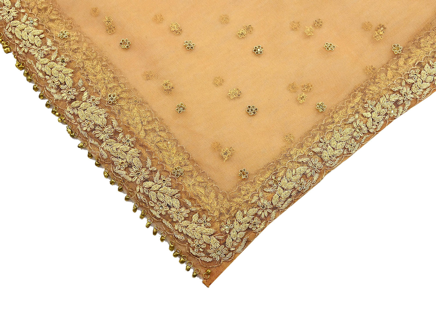 Indian Vintage Beige Dupatta Net Mesh Long Stole Hand Embroidered Scarves Golden Zardozi Zari Sequins Stole
