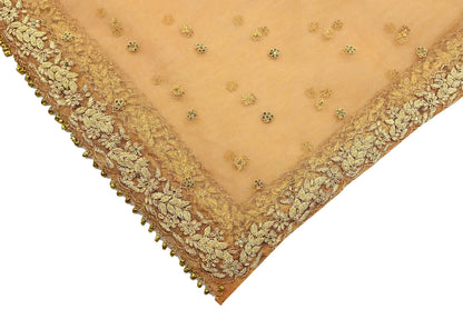 Indian Vintage Beige Dupatta Net Mesh Long Stole Hand Embroidered Scarves Golden Zardozi Zari Sequins Stole