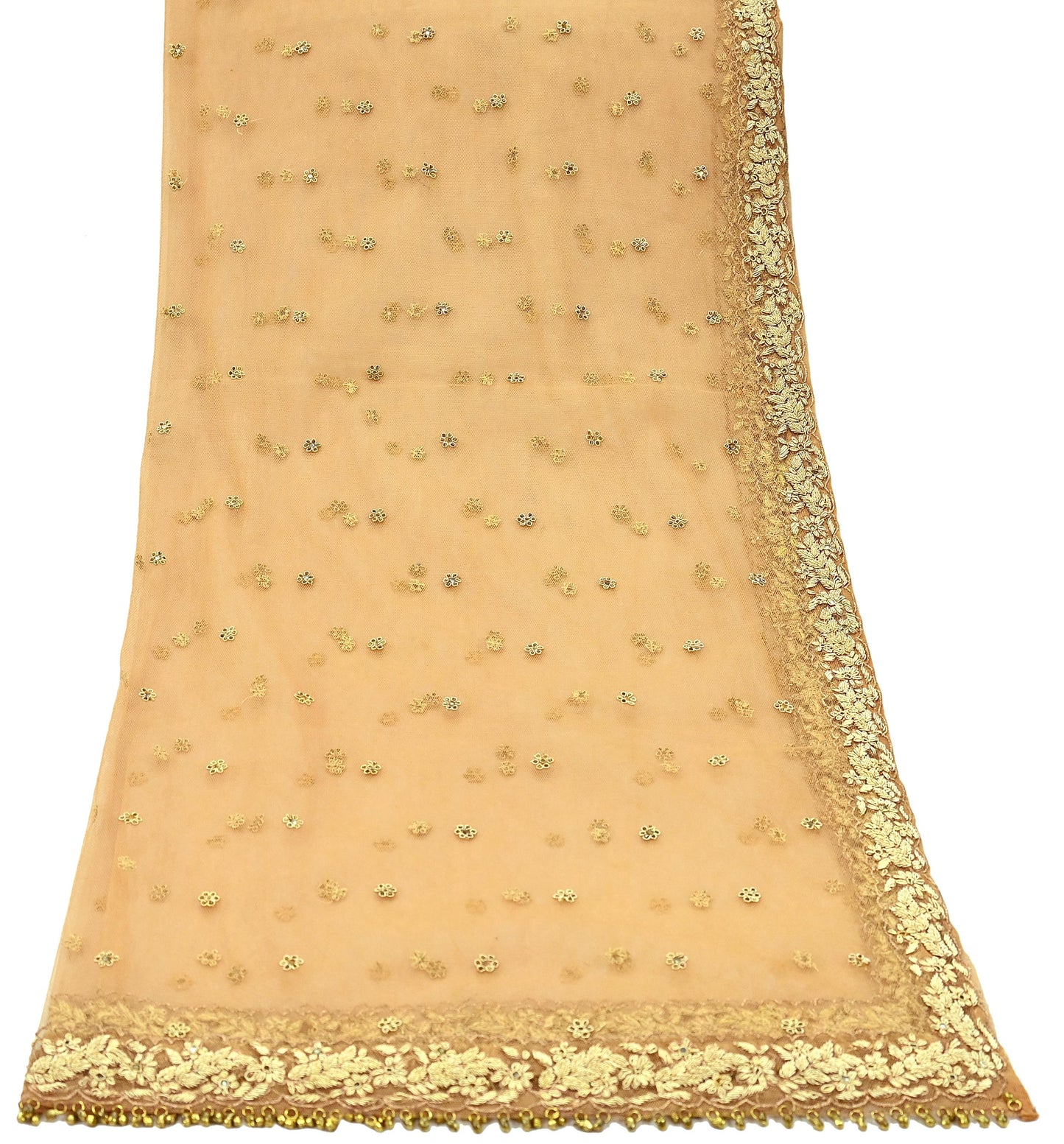Indian Vintage Beige Dupatta Net Mesh Long Stole Hand Embroidered Scarves Golden Zardozi Zari Sequins Stole