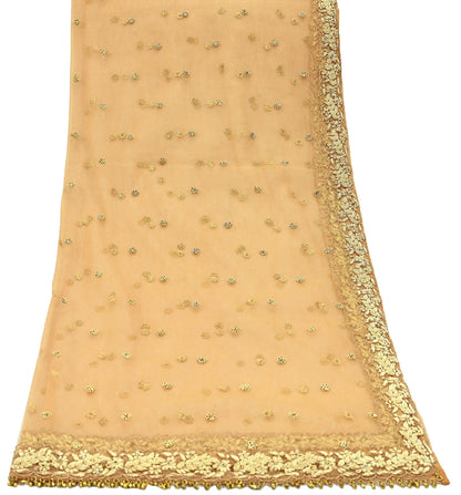 Indian Vintage Beige Dupatta Net Mesh Long Stole Hand Embroidered Scarves Golden Zardozi Zari Sequins Stole