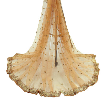 Indian Vintage Beige Dupatta Net Mesh Long Stole Hand Embroidered Scarves Golden Zardozi Zari Sequins Stole