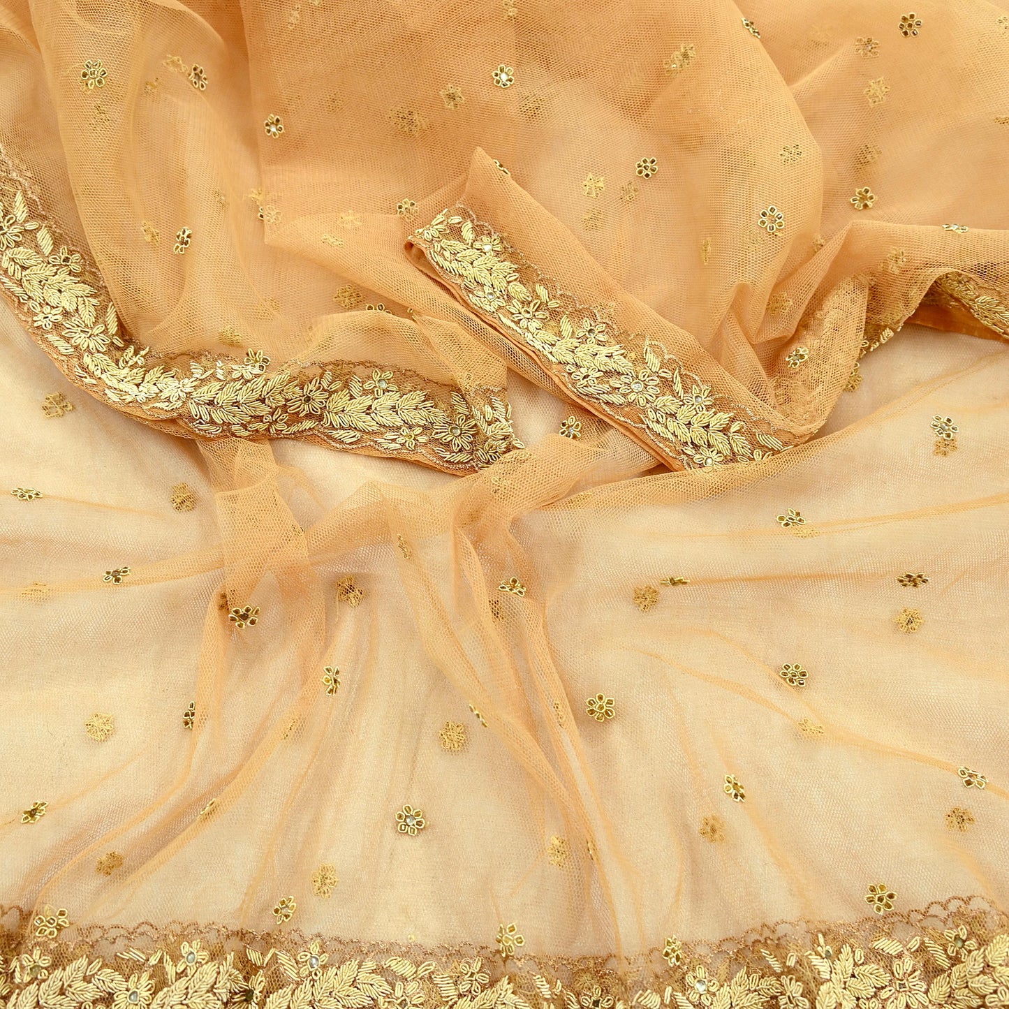 Indian Vintage Beige Dupatta Net Mesh Long Stole Hand Embroidered Scarves Golden Zardozi Zari Sequins Stole
