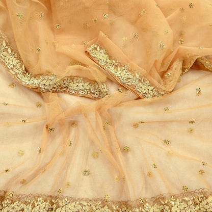 Indian Vintage Beige Dupatta Net Mesh Long Stole Hand Embroidered Scarves Golden Zardozi Zari Sequins Stole