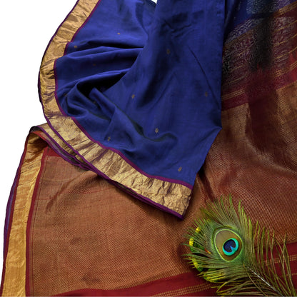 Indian Vintage Blue & Maroon Hand Woven kanjivaram Saree 100% Pure Silk Sari Craft Fabric Zari 5Yard Floral Dress making Crafting Quilting