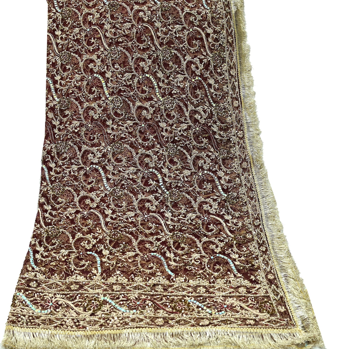 Indian Vintage Heavy Wedding Maroon Dupatta Net Mesh Long Stole Hand Embroidered Scarves Golden Zardozi Zari Sequins Dridal Veil Hijab