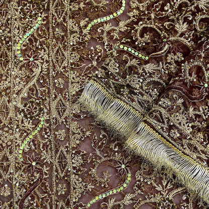 Indian Vintage Heavy Wedding Maroon Dupatta Net Mesh Long Stole Hand Embroidered Scarves Golden Zardozi Zari Sequins Dridal Veil Hijab