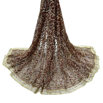 Indian Vintage Heavy Wedding Maroon Dupatta Net Mesh Long Stole Hand Embroidered Scarves Golden Zardozi Zari Sequins Dridal Veil Hijab