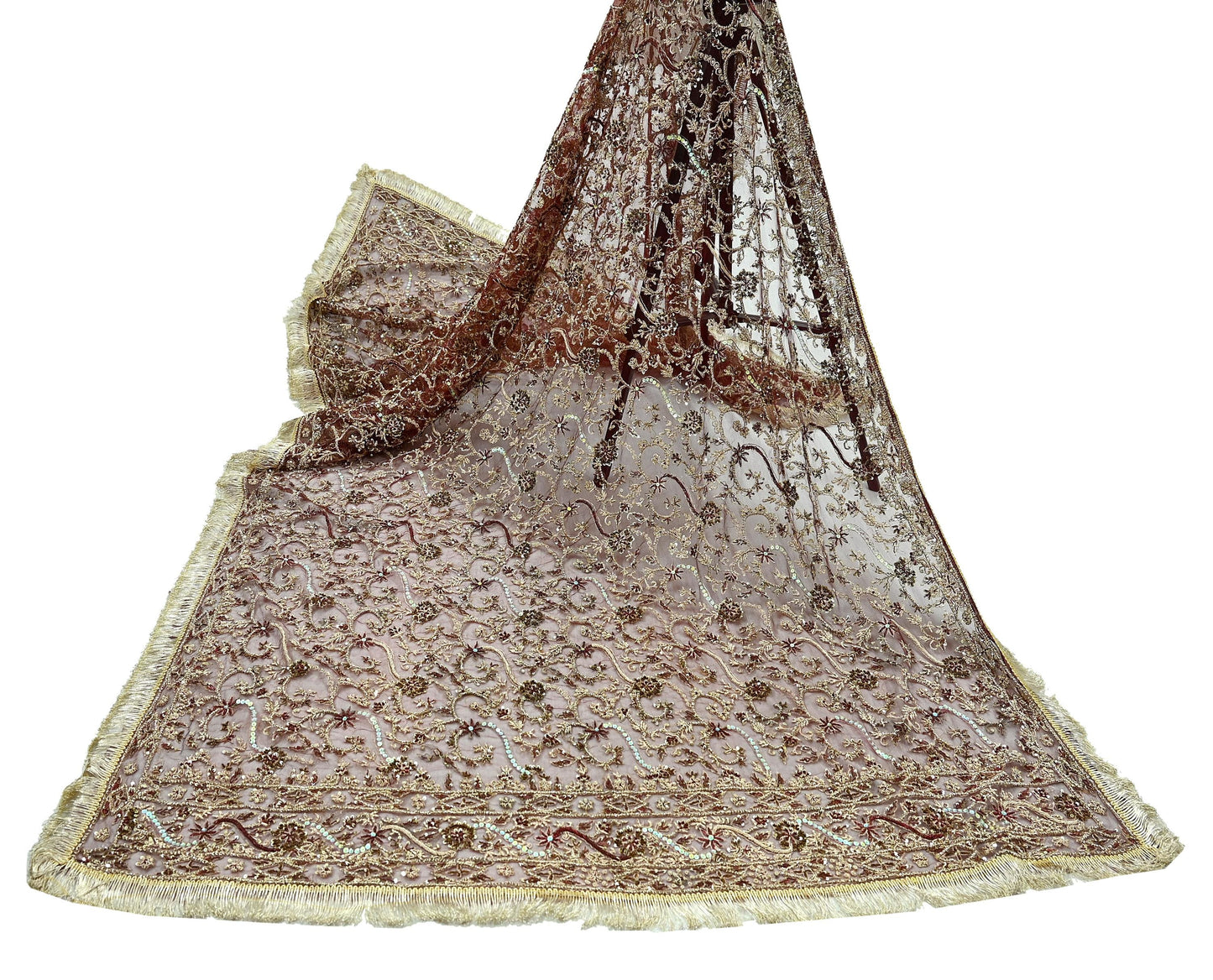 Indian Vintage Heavy Wedding Maroon Dupatta Net Mesh Long Stole Hand Embroidered Scarves Golden Zardozi Zari Sequins Dridal Veil Hijab