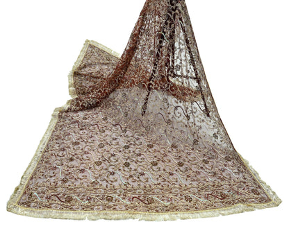 Indian Vintage Heavy Wedding Maroon Dupatta Net Mesh Long Stole Hand Embroidered Scarves Golden Zardozi Zari Sequins Dridal Veil Hijab