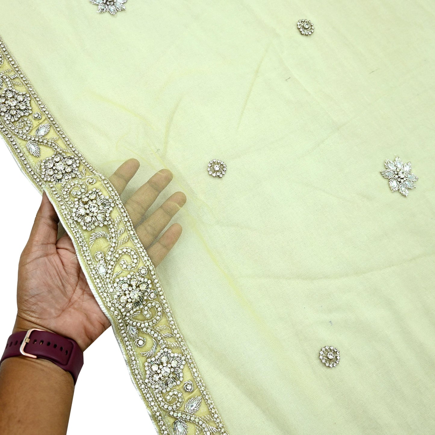 Indian Vintage Heavy Lemon Dupatta Net Mesh Long Stole Hand Embroidered Scarves Silver Zardozi Dabka Zari Stole