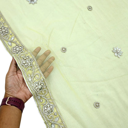 Indian Vintage Heavy Lemon Dupatta Net Mesh Long Stole Hand Embroidered Scarves Silver Zardozi Dabka Zari Stole