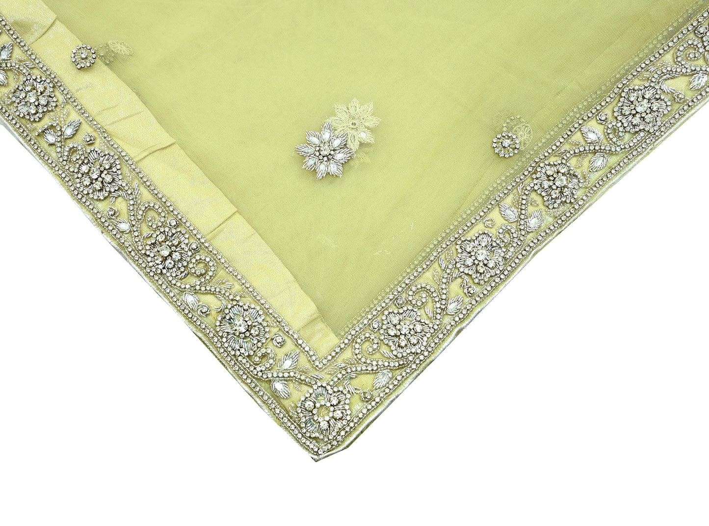 Indian Vintage Heavy Lemon Dupatta Net Mesh Long Stole Hand Embroidered Scarves Silver Zardozi Dabka Zari Stole