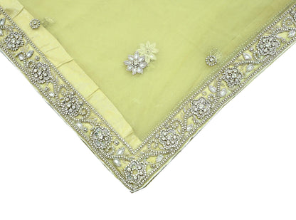 Indian Vintage Heavy Lemon Dupatta Net Mesh Long Stole Hand Embroidered Scarves Silver Zardozi Dabka Zari Stole