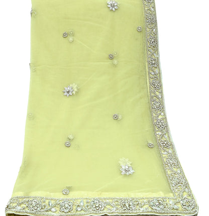 Indian Vintage Heavy Lemon Dupatta Net Mesh Long Stole Hand Embroidered Scarves Silver Zardozi Dabka Zari Stole