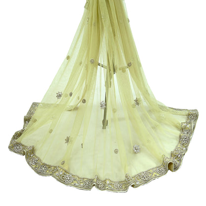 Indian Vintage Heavy Lemon Dupatta Net Mesh Long Stole Hand Embroidered Scarves Silver Zardozi Dabka Zari Stole