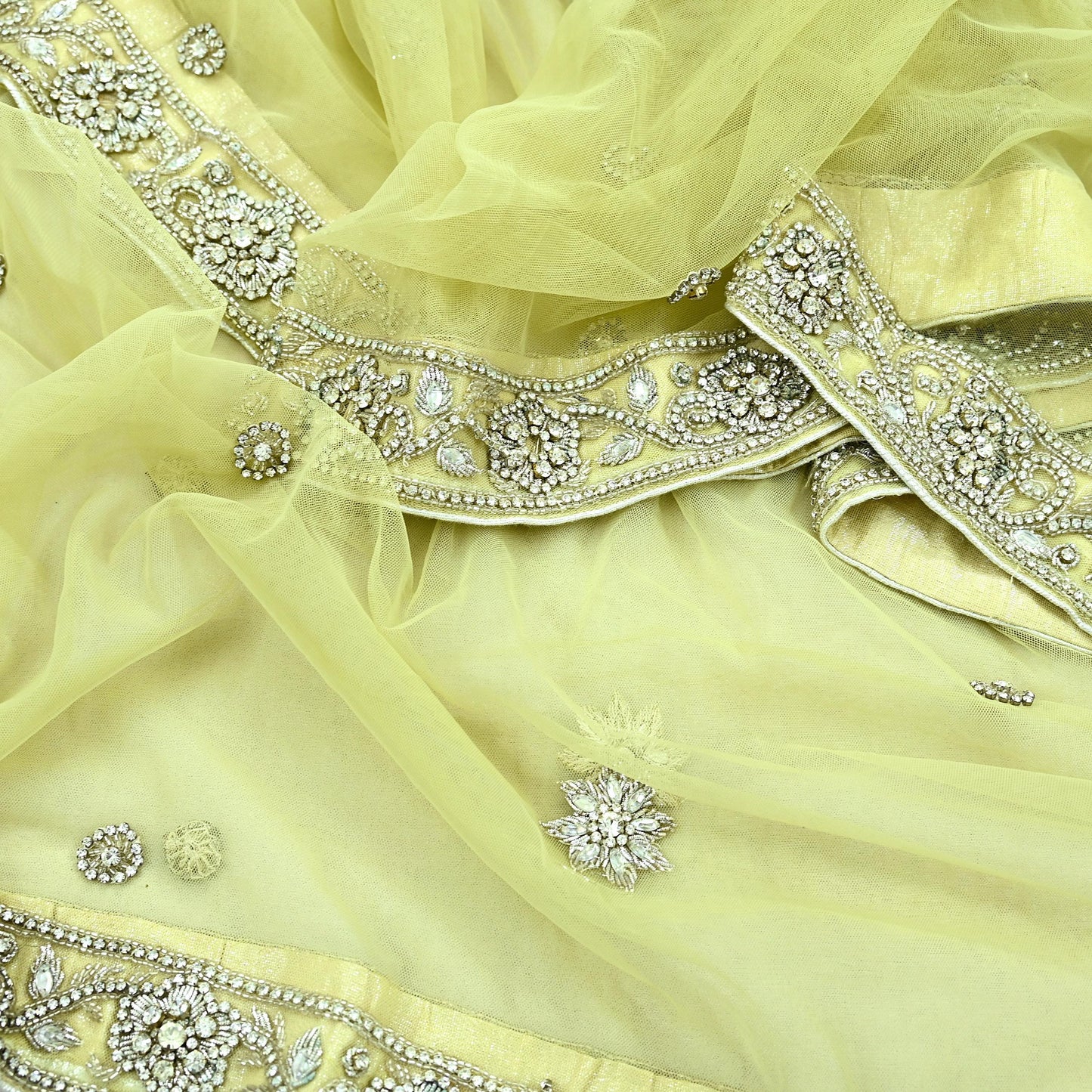 Indian Vintage Heavy Lemon Dupatta Net Mesh Long Stole Hand Embroidered Scarves Silver Zardozi Dabka Zari Stole