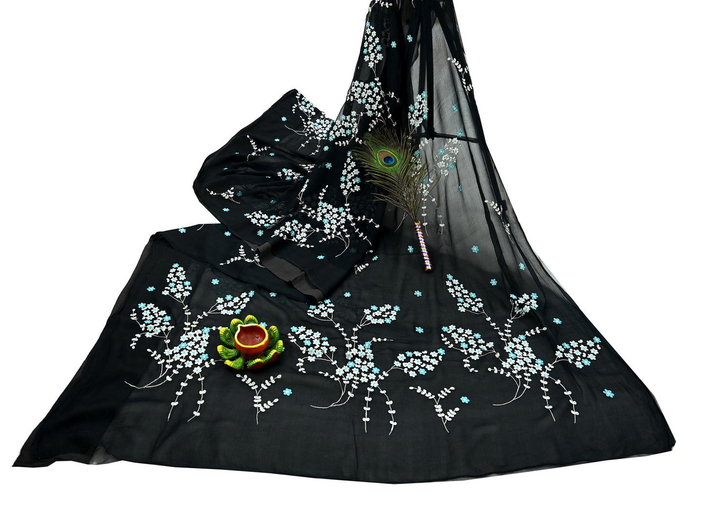 Indian Vintage Sari Black Pure Chiffon Silk Hand Embroidered Sarees Craft Fabric 6Yd Soft Dress Making Sewing Quilting For Crafting