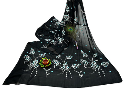Indian Vintage Sari Black Pure Chiffon Silk Hand Embroidered Sarees Craft Fabric 6Yd Soft Dress Making Sewing Quilting For Crafting