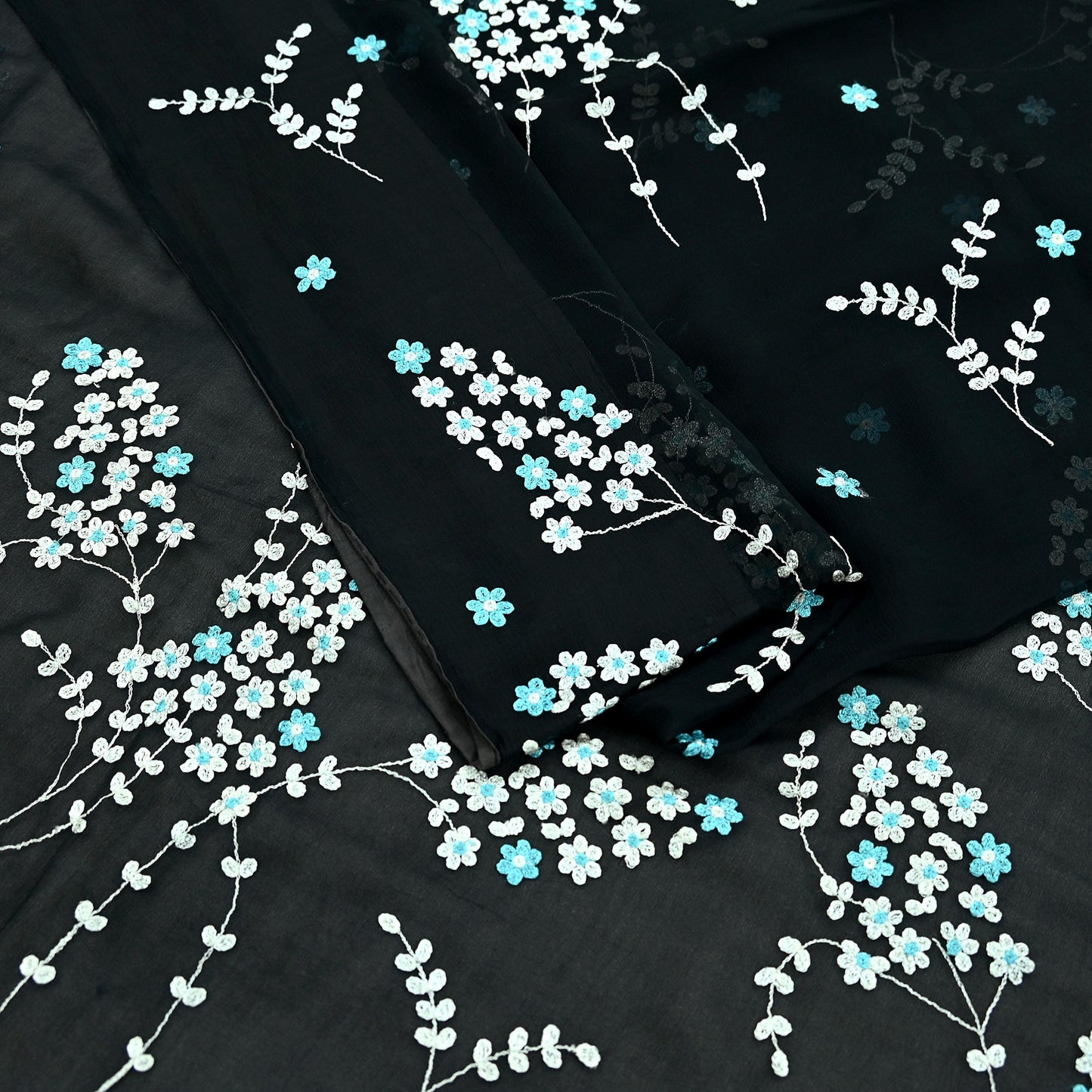 Indian Vintage Sari Black Pure Chiffon Silk Hand Embroidered Sarees Craft Fabric 6Yd Soft Dress Making Sewing Quilting For Crafting
