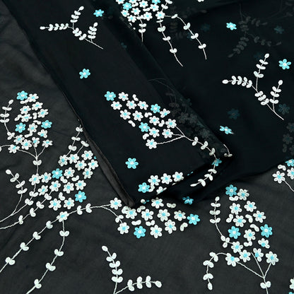 Indian Vintage Sari Black Pure Chiffon Silk Hand Embroidered Sarees Craft Fabric 6Yd Soft Dress Making Sewing Quilting For Crafting