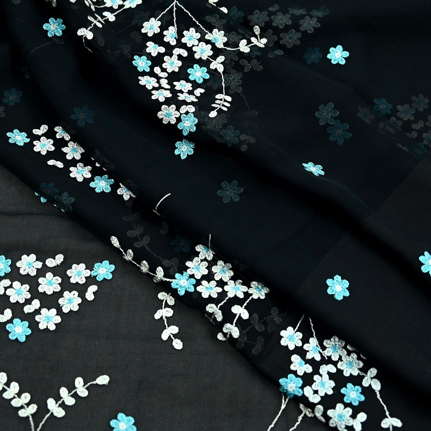 Indian Vintage Sari Black Pure Chiffon Silk Hand Embroidered Sarees Craft Fabric 6Yd Soft Dress Making Sewing Quilting For Crafting