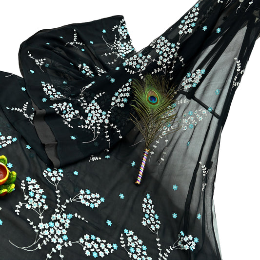 Indian Vintage Sari Black Pure Chiffon Silk Hand Embroidered Sarees Craft Fabric 6Yd Soft Dress Making Sewing Quilting For Crafting