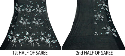Indian Vintage Sari Black Pure Chiffon Silk Hand Embroidered Sarees Craft Fabric 6Yd Soft Dress Making Sewing Quilting For Crafting