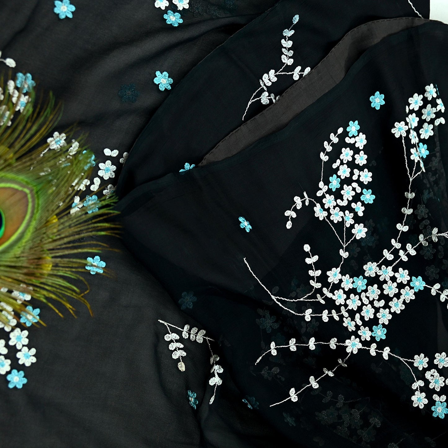 Indian Vintage Sari Black Pure Chiffon Silk Hand Embroidered Sarees Craft Fabric 6Yd Soft Dress Making Sewing Quilting For Crafting