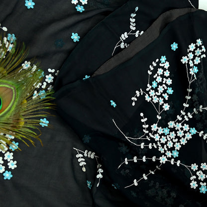 Indian Vintage Sari Black Pure Chiffon Silk Hand Embroidered Sarees Craft Fabric 6Yd Soft Dress Making Sewing Quilting For Crafting