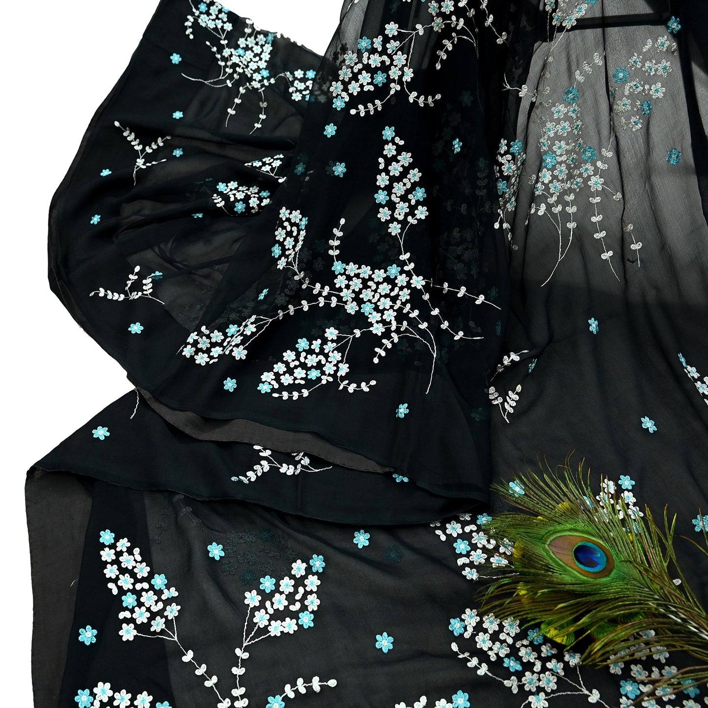 Indian Vintage Sari Black Pure Chiffon Silk Hand Embroidered Sarees Craft Fabric 6Yd Soft Dress Making Sewing Quilting For Crafting