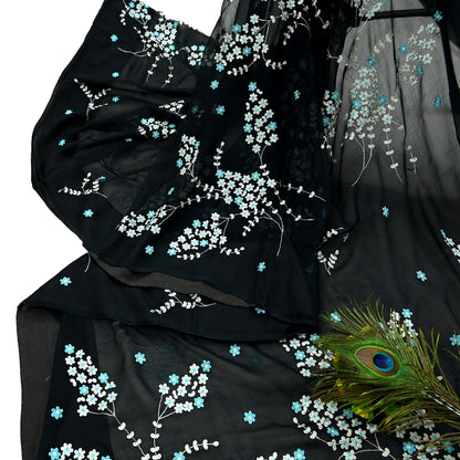 Indian Vintage Sari Black Pure Chiffon Silk Hand Embroidered Sarees Craft Fabric 6Yd Soft Dress Making Sewing Quilting For Crafting