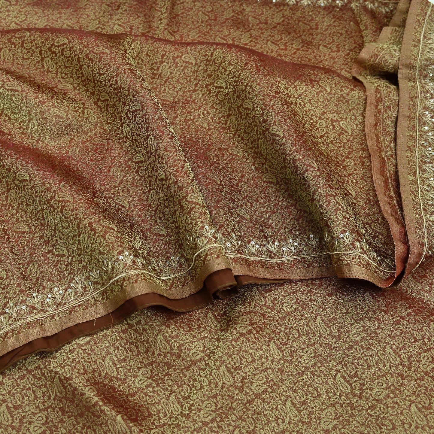 Indian Vintage Sari Golden Tissue Hand Embroidered Sarees Craft Fabric 5Yd Sewing Soft Ethnic Zardozi/Zari Dress making Crafting Upcycle