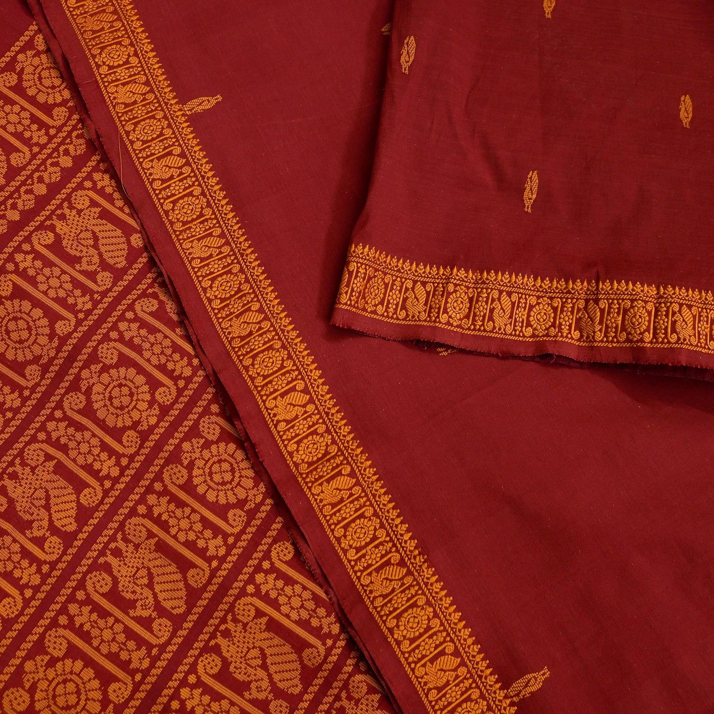 Indian Vintage Sari Maroon & Cream Blend Cotton Hand Woven Baluchari Saree 5yard Ethnic Fringes Peacock