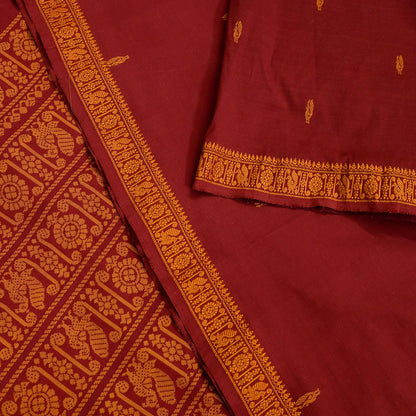 Indian Vintage Sari Maroon & Cream Blend Cotton Hand Woven Baluchari Saree 5yard Ethnic Fringes Peacock