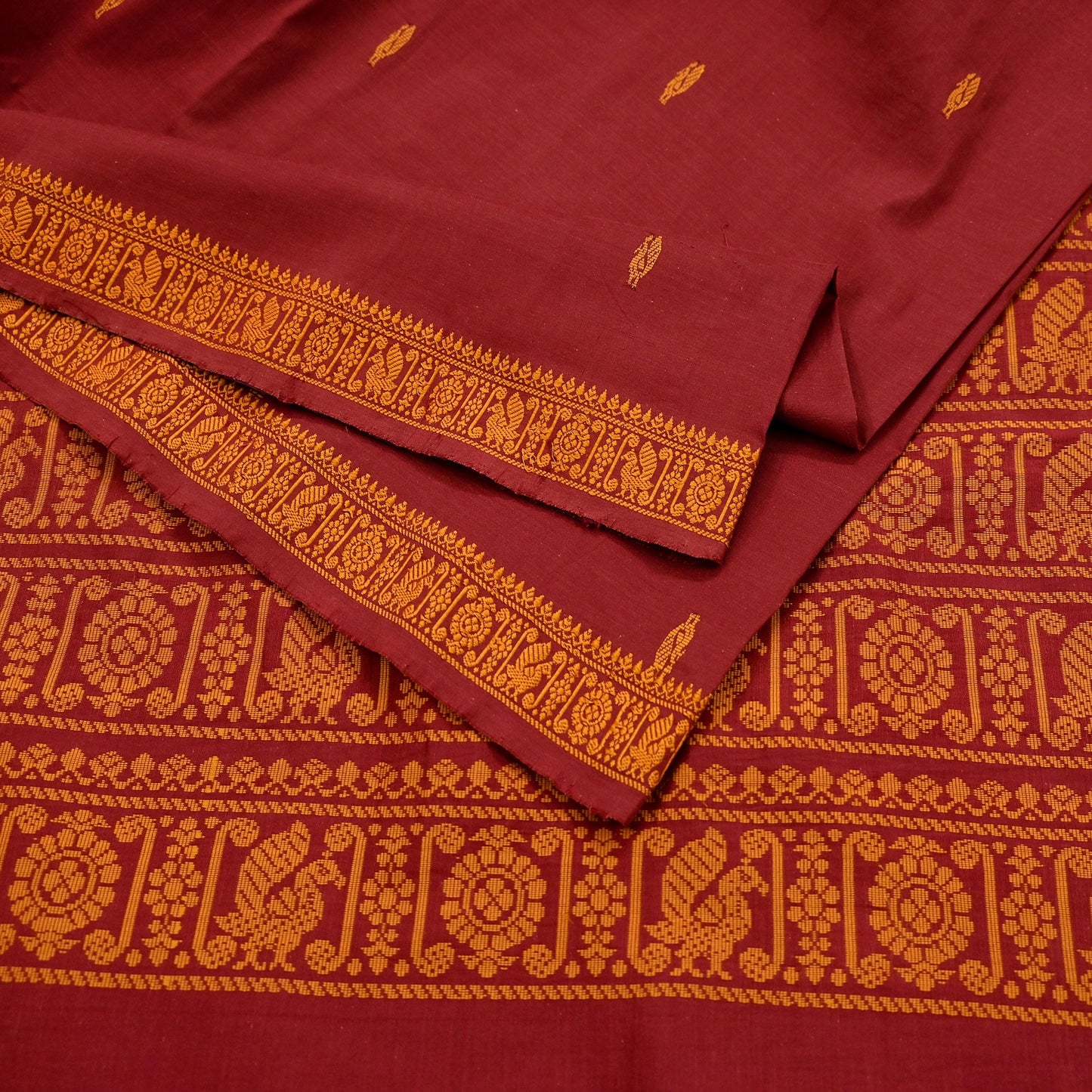 Indian Vintage Sari Maroon & Cream Blend Cotton Hand Woven Baluchari Saree 5yard Ethnic Fringes Peacock