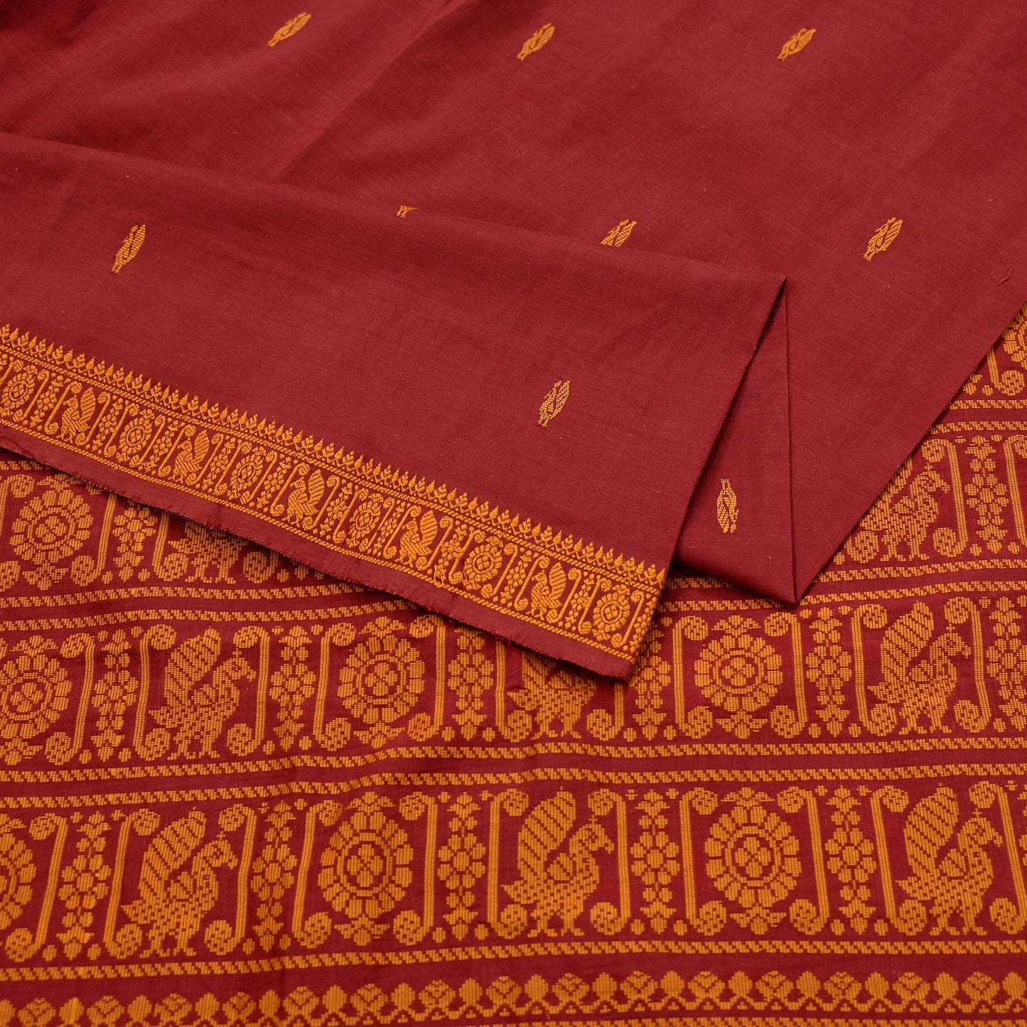 Indian Vintage Sari Maroon & Cream Blend Cotton Hand Woven Baluchari Saree 5yard Ethnic Fringes Peacock