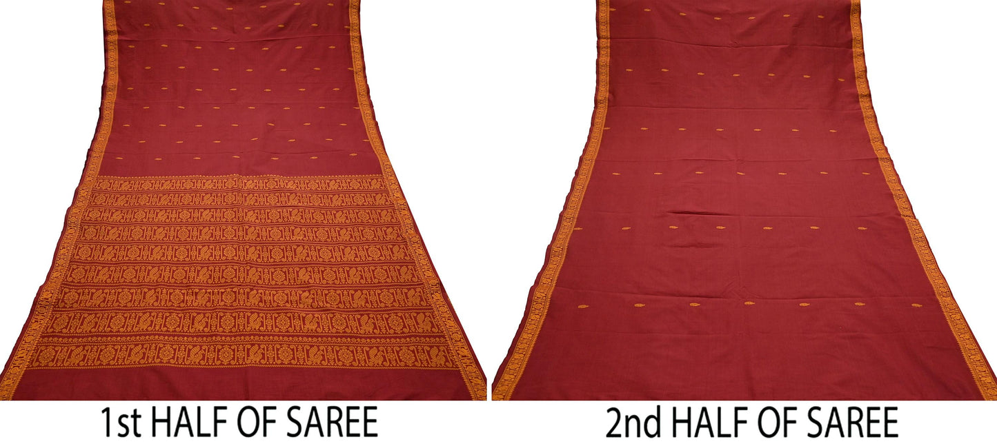 Indian Vintage Sari Maroon & Cream Blend Cotton Hand Woven Baluchari Saree 5yard Ethnic Fringes Peacock