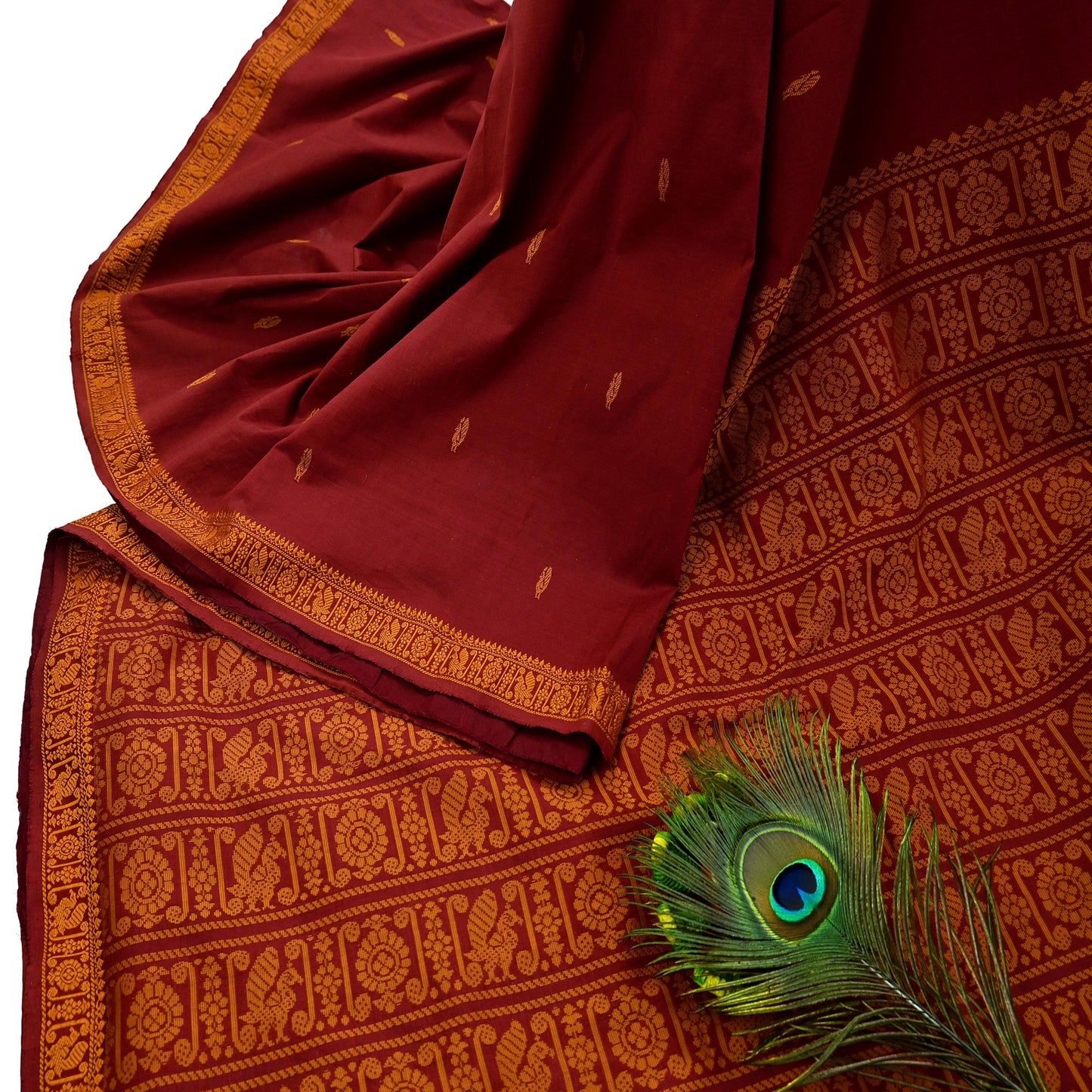Indian Vintage Sari Maroon & Cream Blend Cotton Hand Woven Baluchari Saree 5yard Ethnic Fringes Peacock