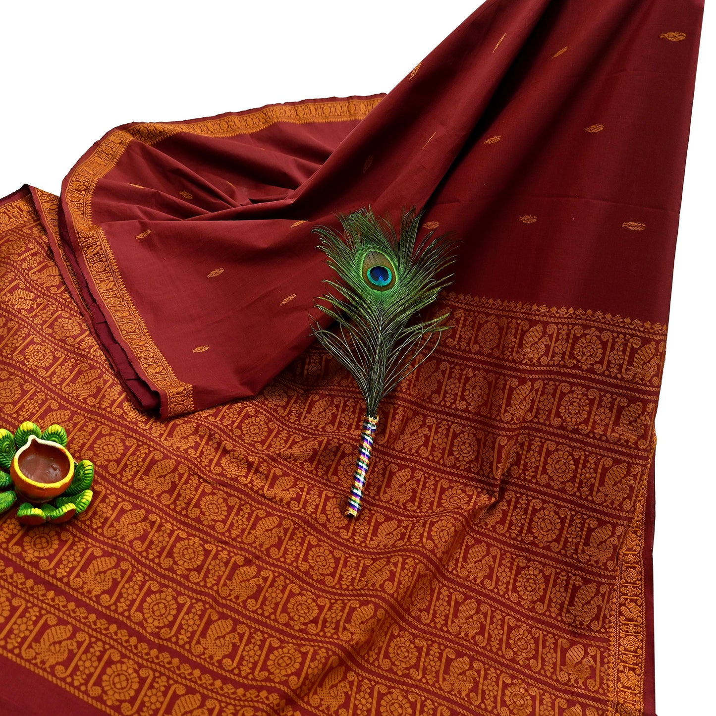 Indian Vintage Sari Maroon & Cream Blend Cotton Hand Woven Baluchari Saree 5yard Ethnic Fringes Peacock